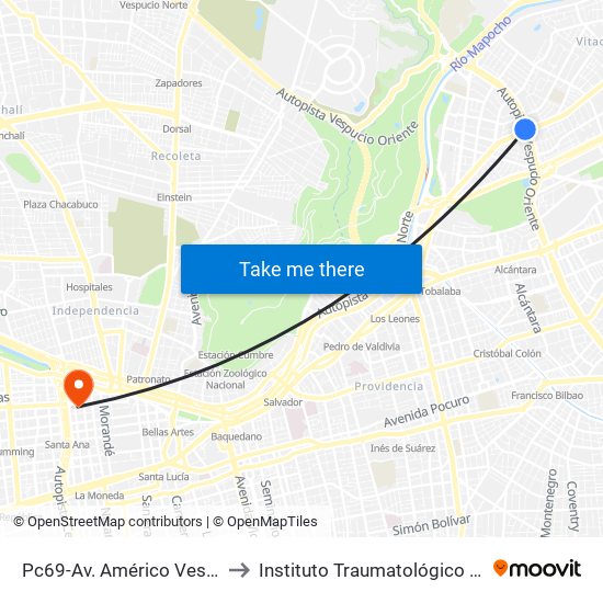 Pc69-Av. Américo Vespucio / Esq. Avenida Vitacura to Instituto Traumatológico Doctor Teodoro Gebauer Weisser map