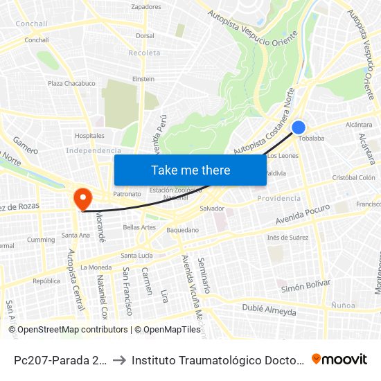 Pc207-Parada 2 / (M) Tobalaba to Instituto Traumatológico Doctor Teodoro Gebauer Weisser map
