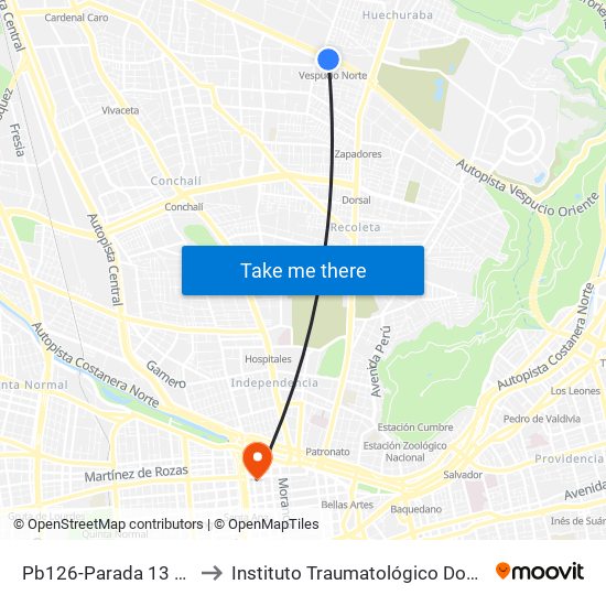 Pb126-Parada 13 / (M) Vespucio Norte to Instituto Traumatológico Doctor Teodoro Gebauer Weisser map