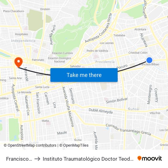 Francisco Bilbao to Instituto Traumatológico Doctor Teodoro Gebauer Weisser map