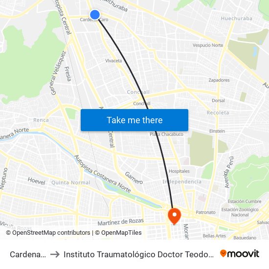 Cardenal Caro to Instituto Traumatológico Doctor Teodoro Gebauer Weisser map