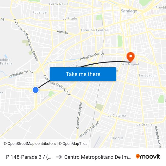 Pi148-Parada 3 / (M) Plaza De Maipú to Centro Metropolitano De Imágenes Mamarias (Cmim) map