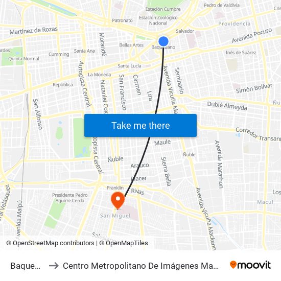 Baquedano to Centro Metropolitano De Imágenes Mamarias (Cmim) map