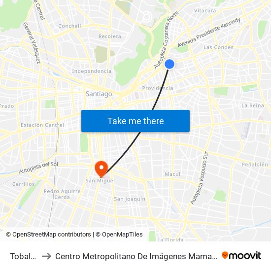 Tobalaba to Centro Metropolitano De Imágenes Mamarias (Cmim) map