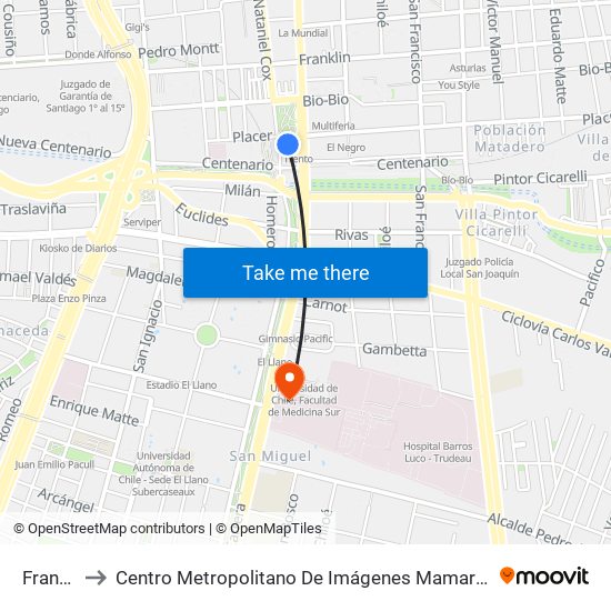 Franklin to Centro Metropolitano De Imágenes Mamarias (Cmim) map