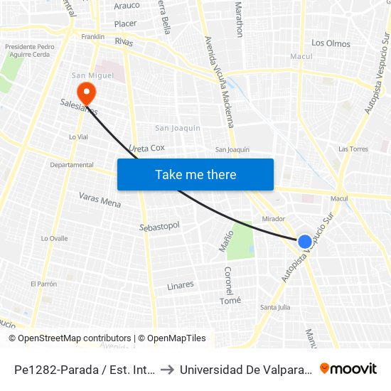 Pe1282-Parada / Est. Intermodal De La Florida to Universidad De Valparaíso Campus Santiago map