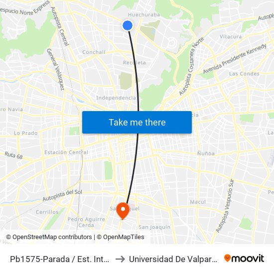 Pb1575-Parada / Est. Intermodal Vespucio Norte to Universidad De Valparaíso Campus Santiago map