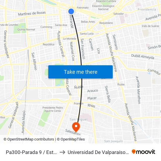 Pa300-Parada 9 / Estación Mapocho to Universidad De Valparaíso Campus Santiago map