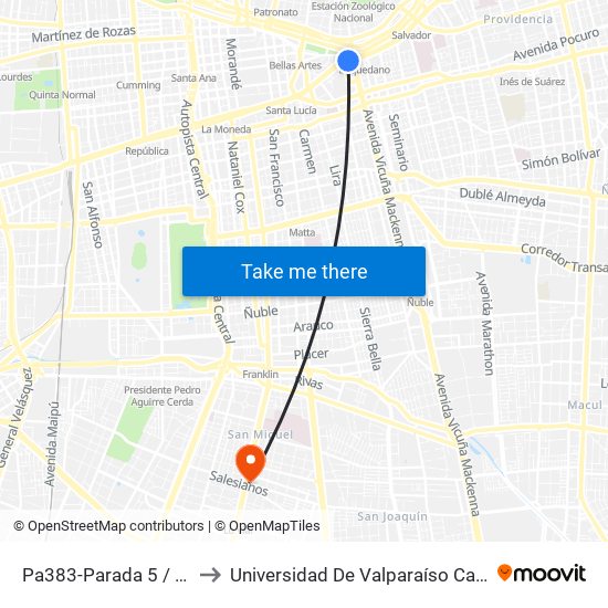 Pa383-Parada 5 / Plaza Italia to Universidad De Valparaíso Campus Santiago map
