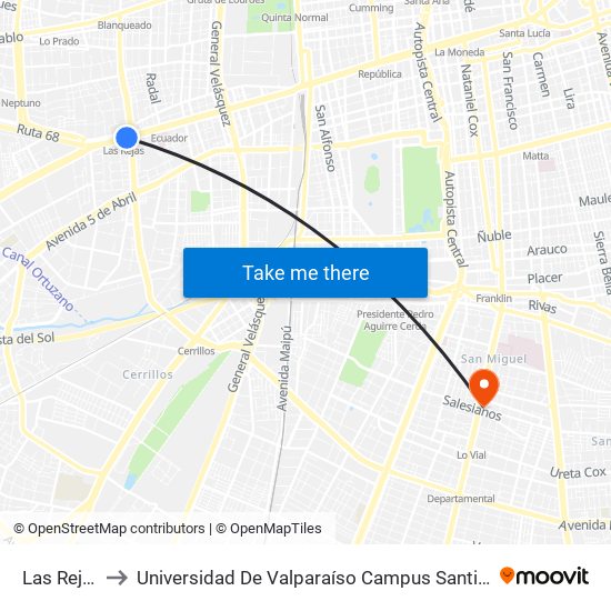 Las Rejas to Universidad De Valparaíso Campus Santiago map