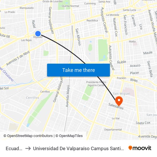 Ecuador to Universidad De Valparaíso Campus Santiago map