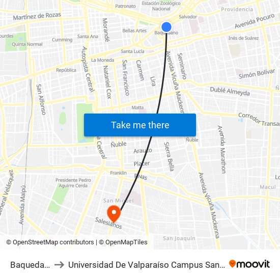 Baquedano to Universidad De Valparaíso Campus Santiago map