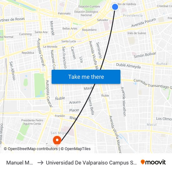 Manuel Montt to Universidad De Valparaíso Campus Santiago map