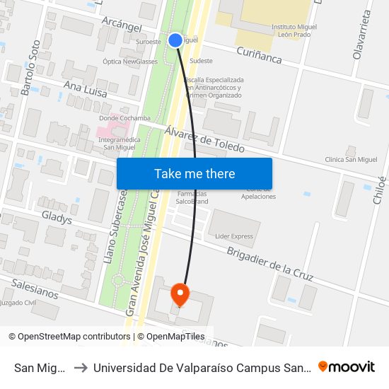 San Miguel to Universidad De Valparaíso Campus Santiago map