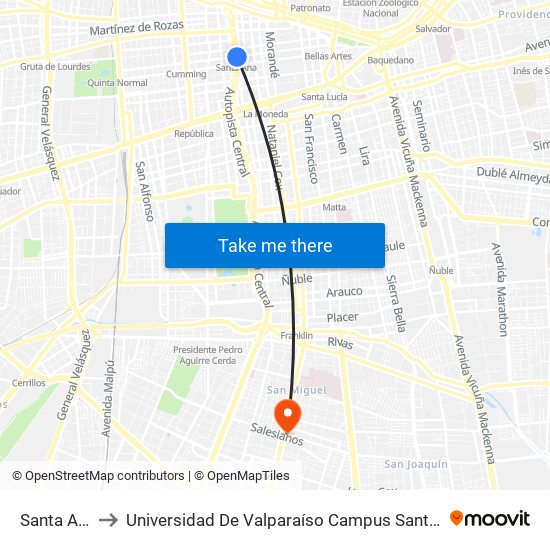 Santa Ana to Universidad De Valparaíso Campus Santiago map