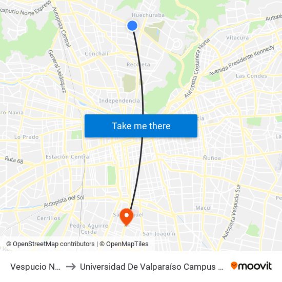 Vespucio Norte to Universidad De Valparaíso Campus Santiago map