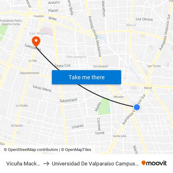 Vicuña Mackenna to Universidad De Valparaíso Campus Santiago map