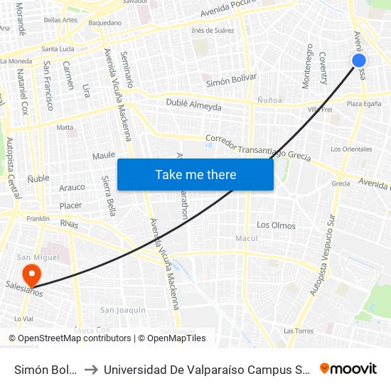 Simón Bolivar to Universidad De Valparaíso Campus Santiago map