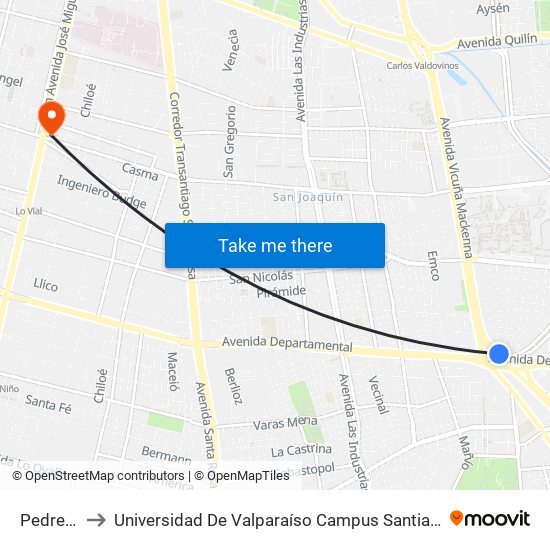 Pedrero to Universidad De Valparaíso Campus Santiago map