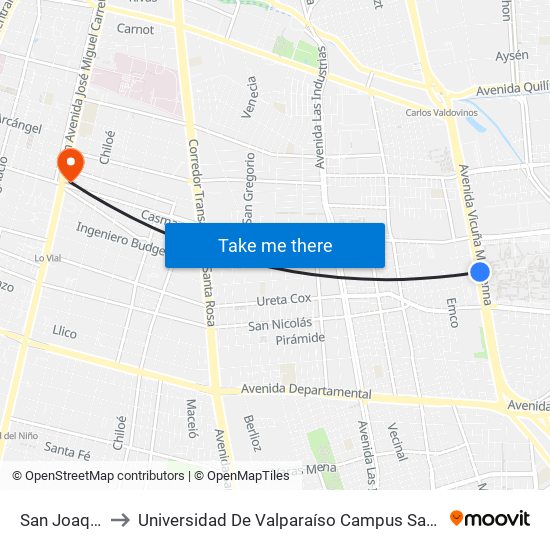 San Joaquín to Universidad De Valparaíso Campus Santiago map