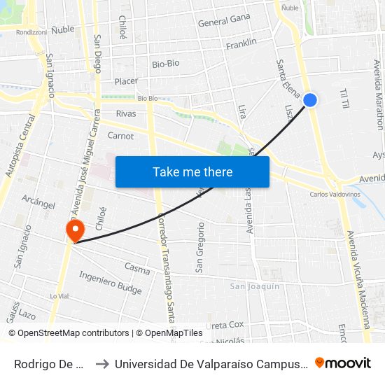 Rodrigo De Araya to Universidad De Valparaíso Campus Santiago map