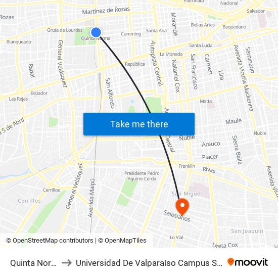 Quinta Normal to Universidad De Valparaíso Campus Santiago map