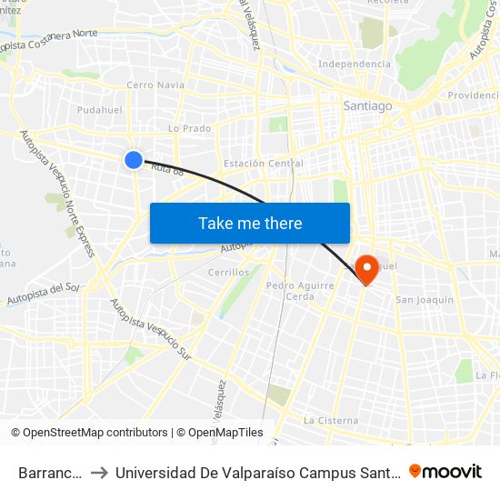 Barrancas to Universidad De Valparaíso Campus Santiago map