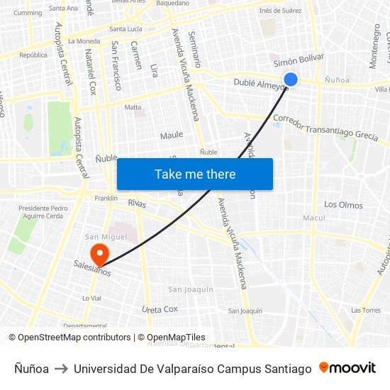 Ñuñoa to Universidad De Valparaíso Campus Santiago map