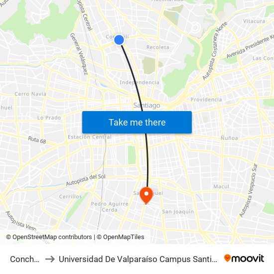 Conchalí to Universidad De Valparaíso Campus Santiago map