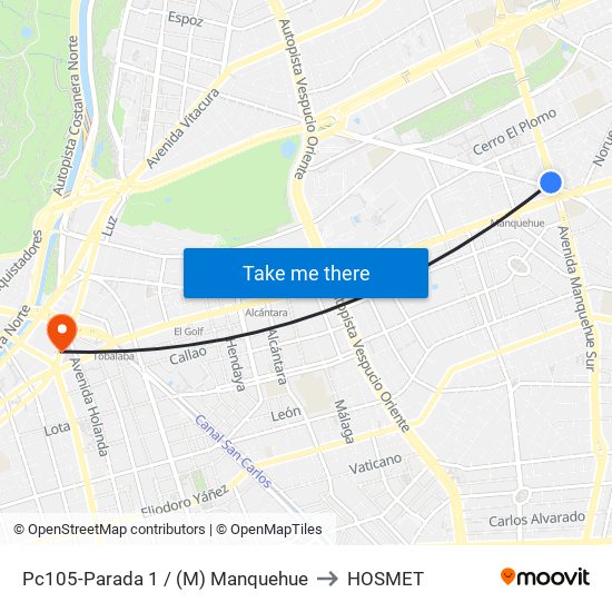 Pc105-Parada 1 / (M) Manquehue to HOSMET map