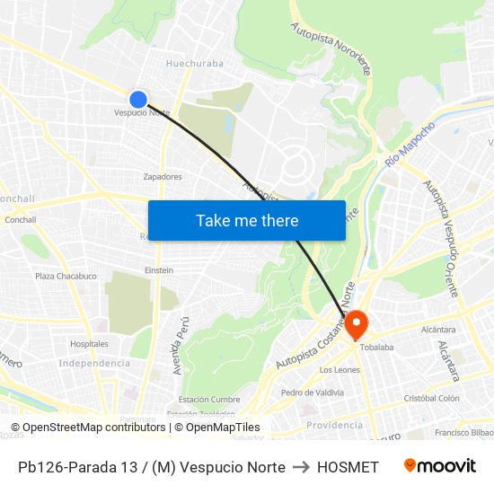 Pb126-Parada 13 / (M) Vespucio Norte to HOSMET map