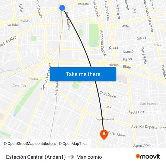 Estación Central (Anden1) to Manicomio map