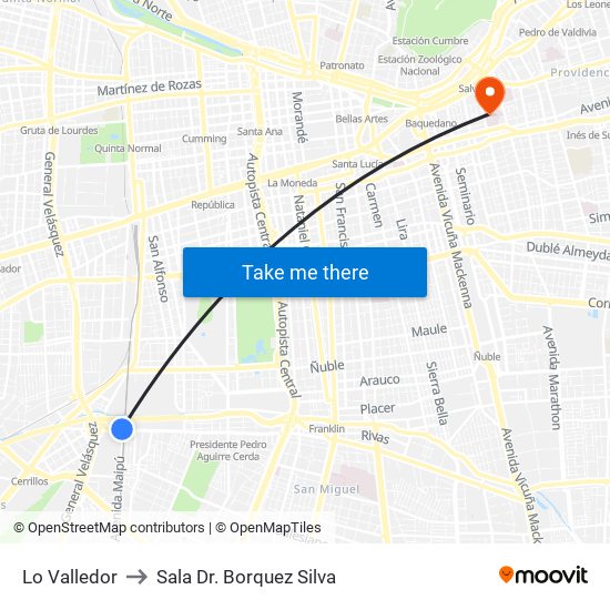 Lo Valledor to Sala Dr. Borquez Silva map