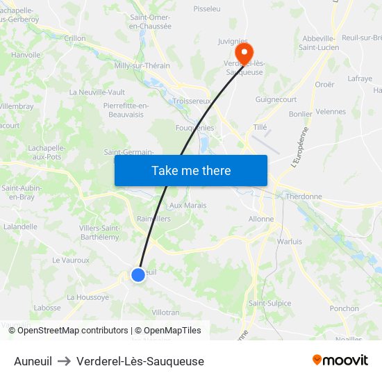 Auneuil to Verderel-Lès-Sauqueuse map