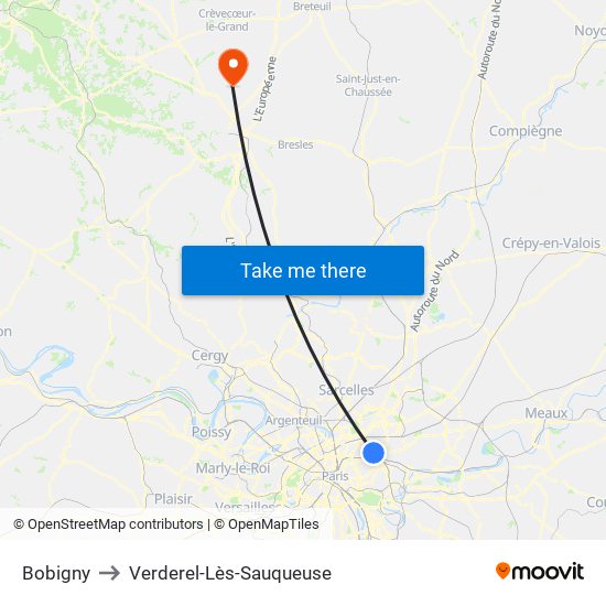 Bobigny to Verderel-Lès-Sauqueuse map