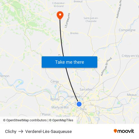 Clichy to Verderel-Lès-Sauqueuse map