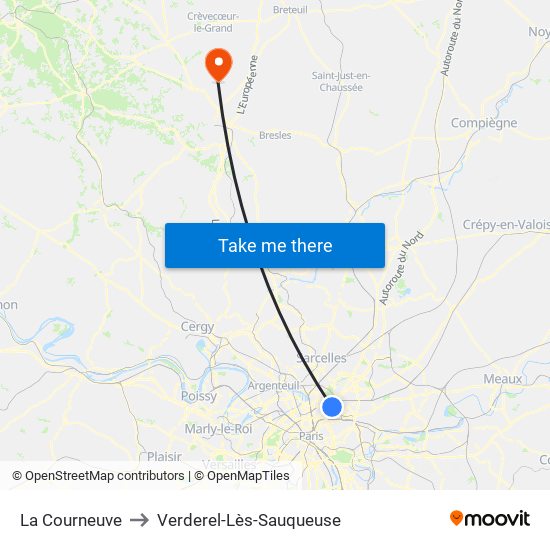La Courneuve to Verderel-Lès-Sauqueuse map