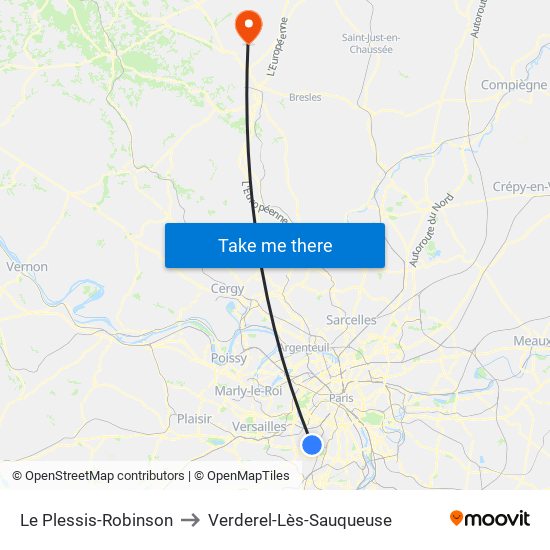 Le Plessis-Robinson to Verderel-Lès-Sauqueuse map