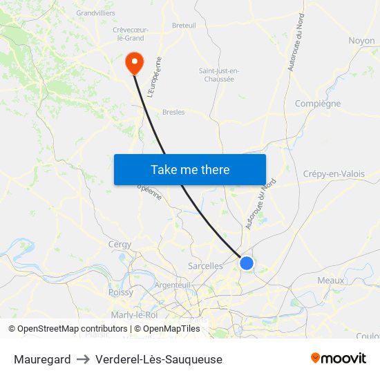 Mauregard to Verderel-Lès-Sauqueuse map