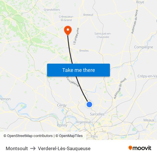 Montsoult to Verderel-Lès-Sauqueuse map