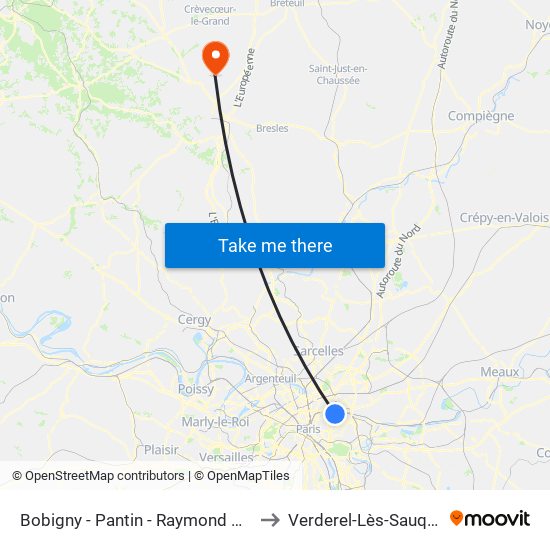 Bobigny - Pantin - Raymond Queneau to Verderel-Lès-Sauqueuse map