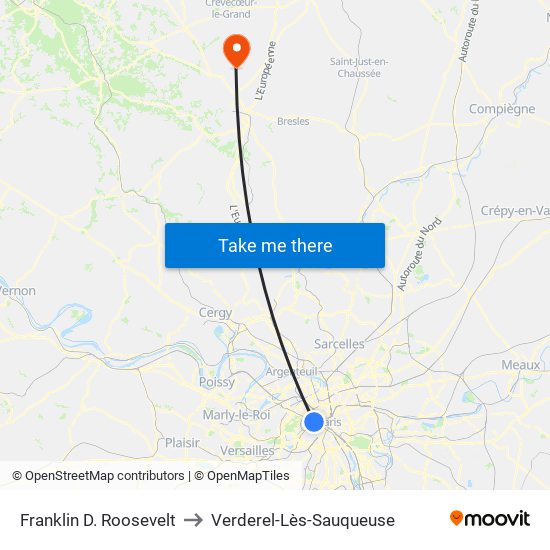 Franklin D. Roosevelt to Verderel-Lès-Sauqueuse map