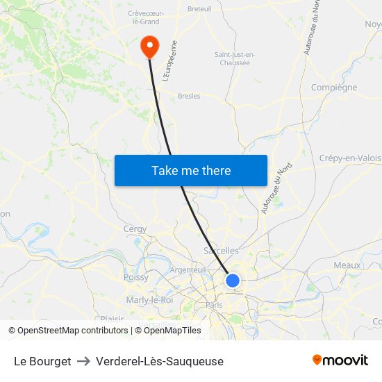Le Bourget to Verderel-Lès-Sauqueuse map