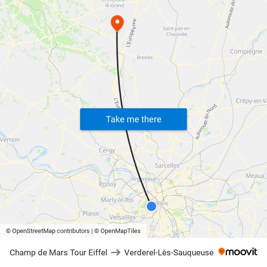 Champ de Mars Tour Eiffel to Verderel-Lès-Sauqueuse map