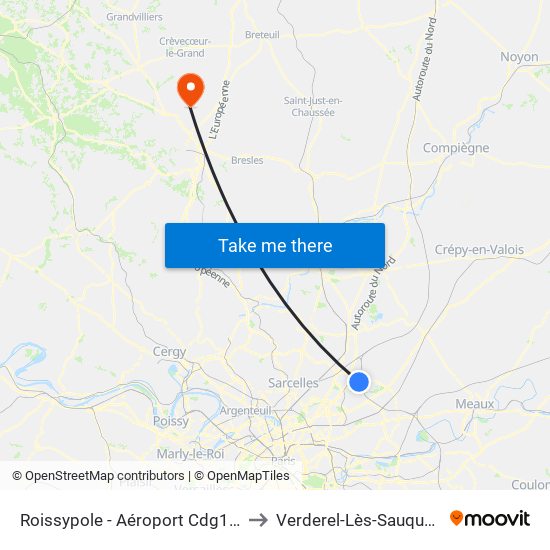 Roissypole - Aéroport Cdg1 (D3) to Verderel-Lès-Sauqueuse map