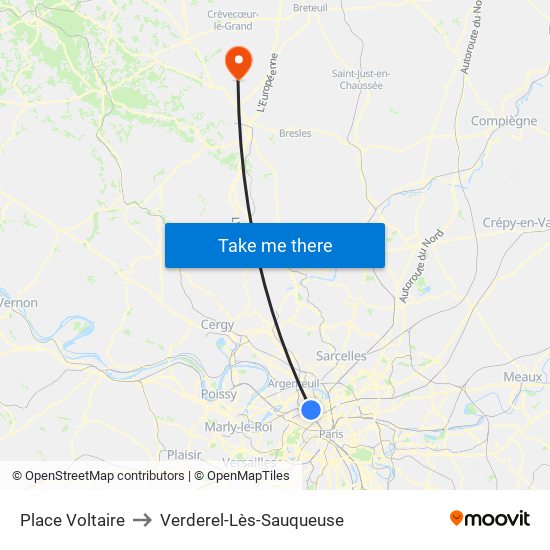 Place Voltaire to Verderel-Lès-Sauqueuse map