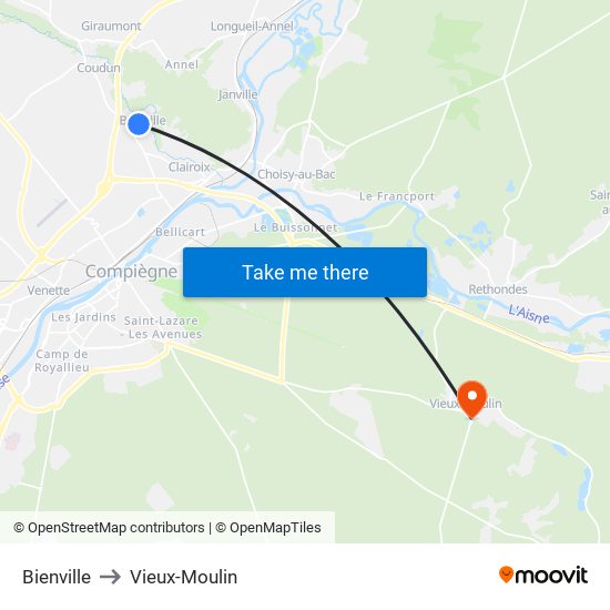 Bienville to Vieux-Moulin map