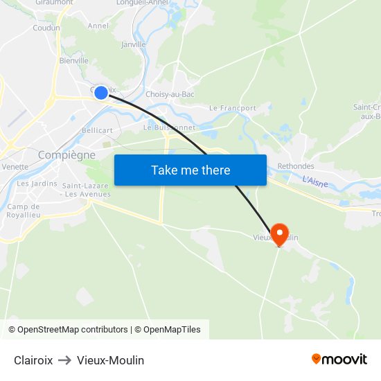 Clairoix to Vieux-Moulin map