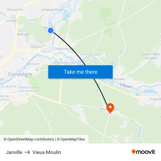 Janville to Vieux-Moulin map