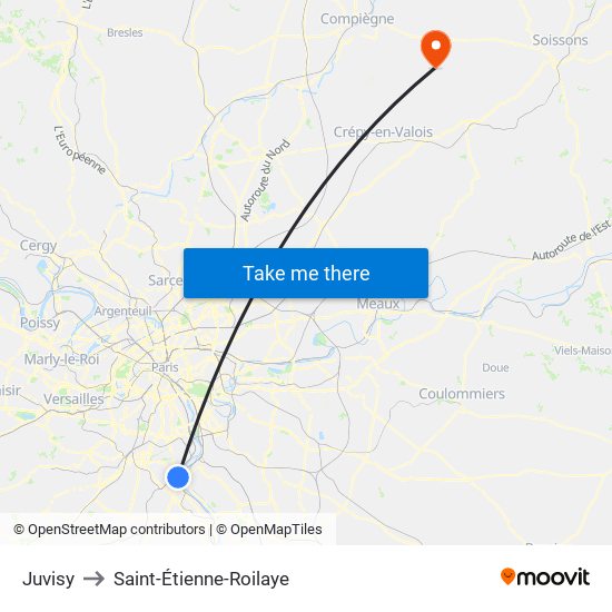 Juvisy to Saint-Étienne-Roilaye map